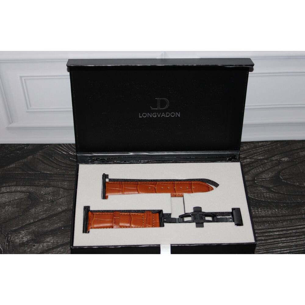 Longvadon Whiskey Brown Leather Apple Watch Band 42/44mm Black Clasp NEW